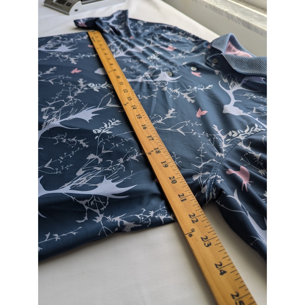 Greyson Polo Mens Medium Navy Pink Antler Bird Print Performance Golf Shirt M - Picture 7 of 9